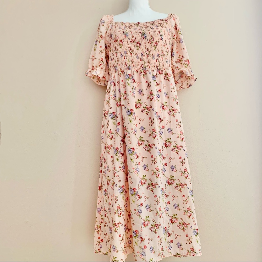 Allegra K Pink Purple Green Floral Smocked Midi Dress.